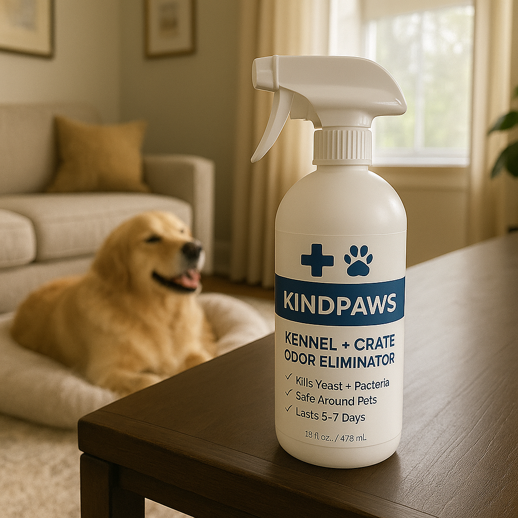 Kindpaws Kennel Odor Eliminator in a fresh living room