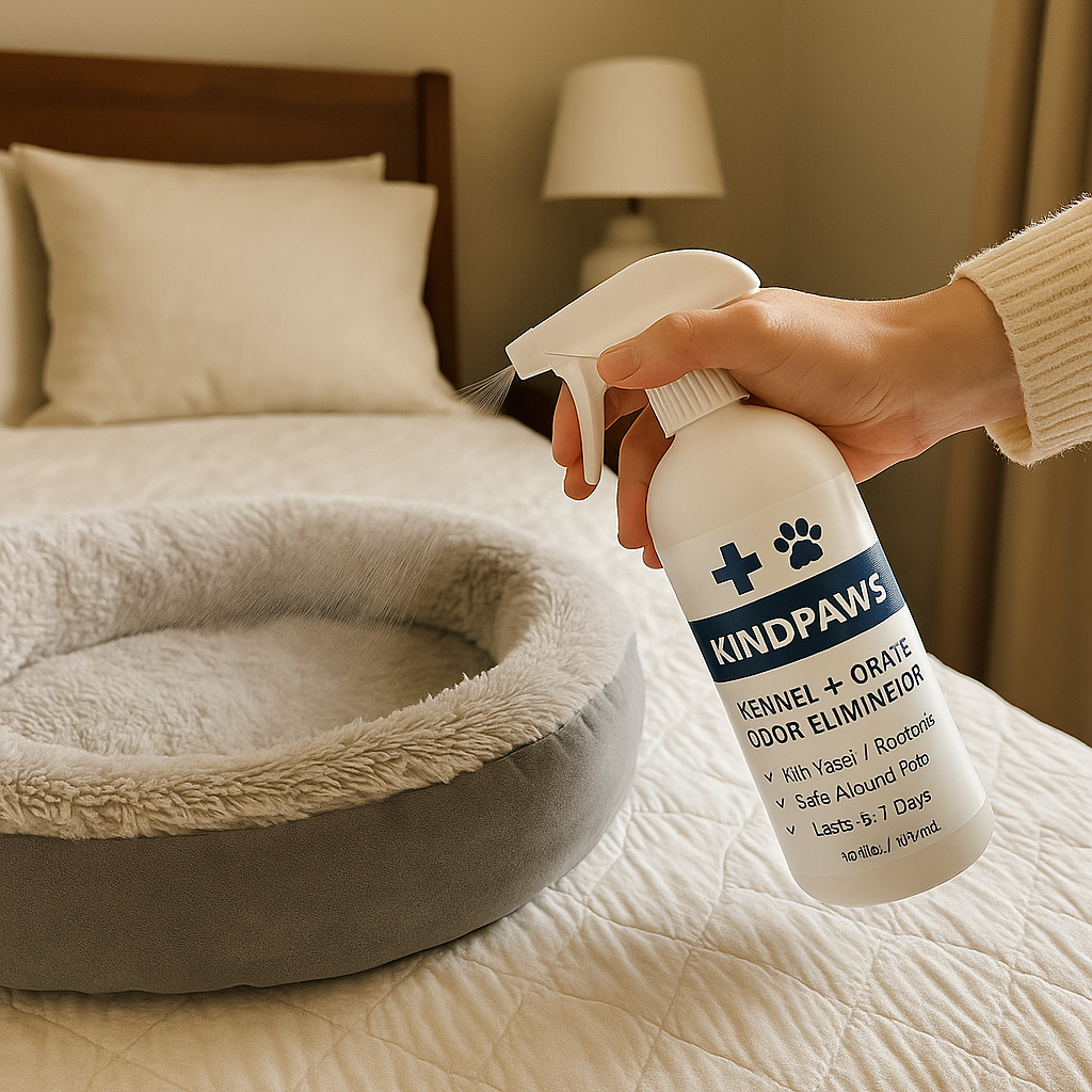 Spraying Kindpaws Kennel Odor Eliminator on a dog bed