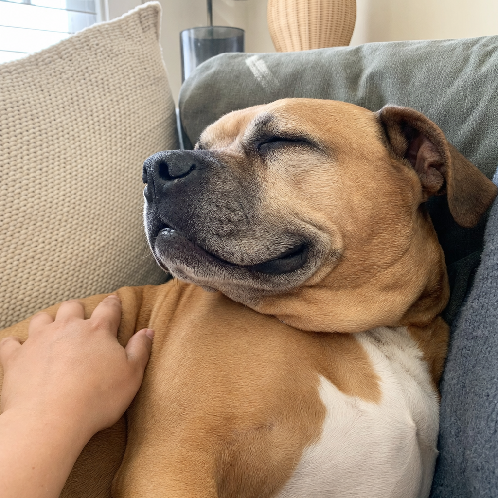 A calm, comfortable dog with a healthy coat